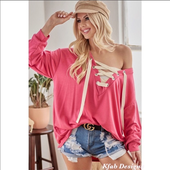 ❤️LAST 2! French Terry V Neck Lace Up Top! - Picture 2 of 8